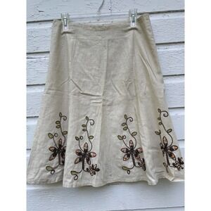 Willi Smith Linen Skirt A-Line Embroidered Beaded Floral sz 6 Lined Natural READ